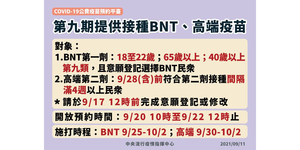 第九輪疫苗提供BNT、高端 14日10時起開放12至17歲預約